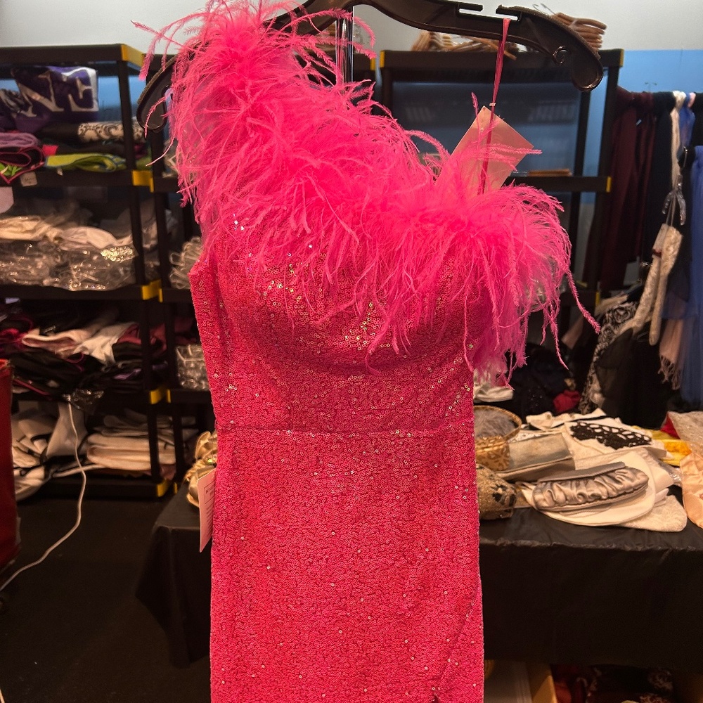 Colors 3016 Hot Pink One-Shoulder Sequined Mini Dress